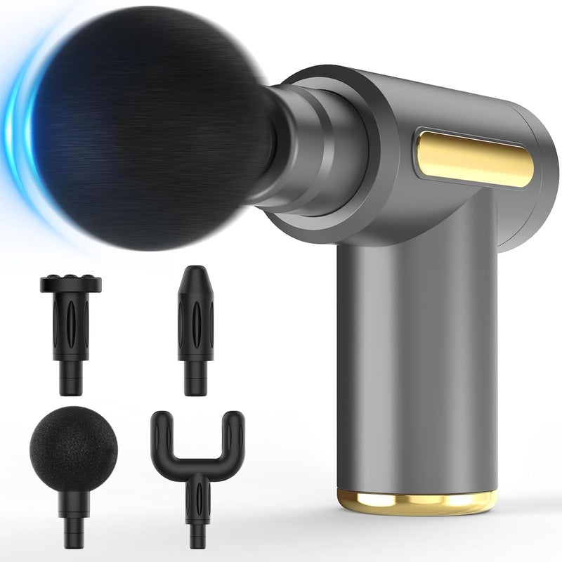 Massage Gun Deep Tissue â€“ Electric Mini Handheld Massager 4 Interchangeable Heads, Quiet Motor for Back, Neck, Shoulders & Body Relief (Grey Button Massager)